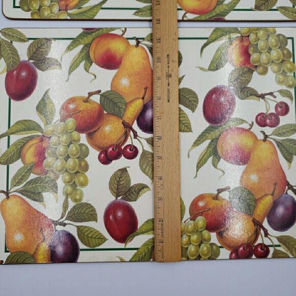 Cork Back Place Mats Fruit Harvest Vtg Plum Apple Green Grapes Pear Peach 2PC - Picture 14 of 16